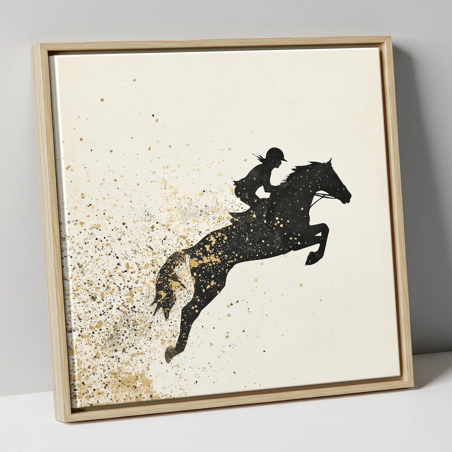 Airborne in Gold show jumping horse canvas wall art in natural frame