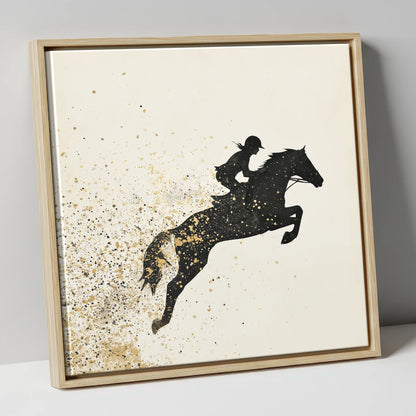 Airborne in Gold show jumping horse canvas wall art in natural frame