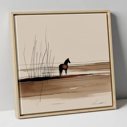 Marshland Solitude horse landscape canvas wall art in natural frame