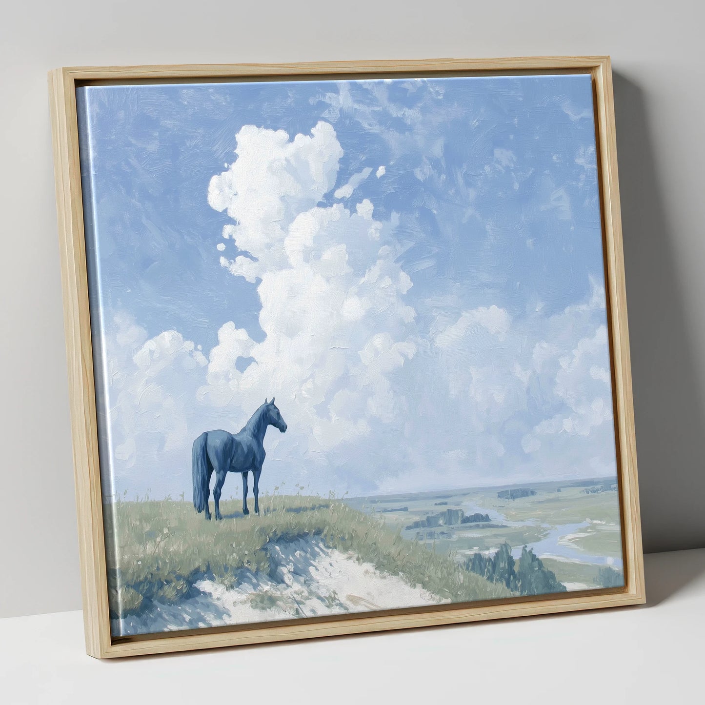 Guardian of the Valley horse landscape canvas wall art in natural frame