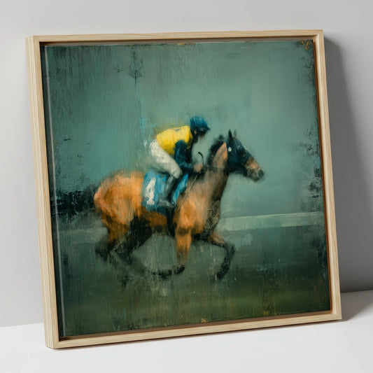 Out of the Shadows racing horse canvas wall art in natural frame