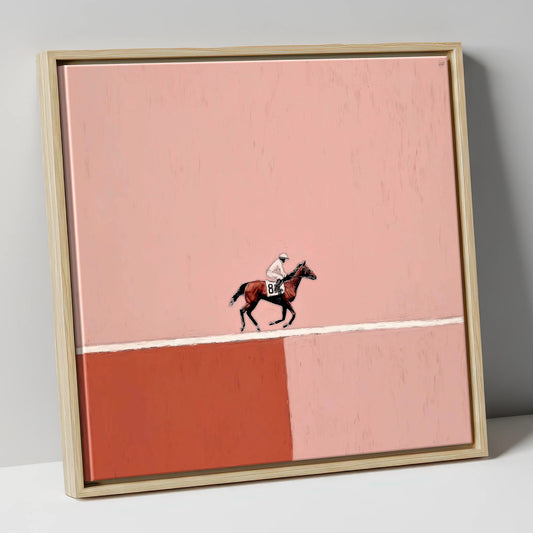 Dusty Rose Gallop racing horse canvas wall art in natural frame