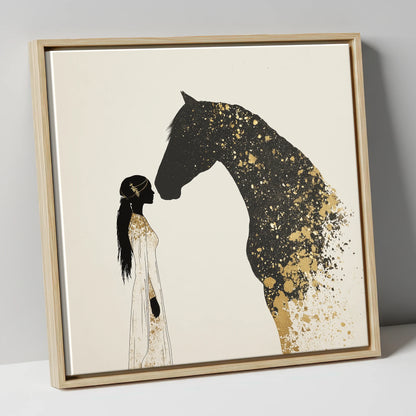 Gilded Bond horse & rider canvas wall art in natural frame