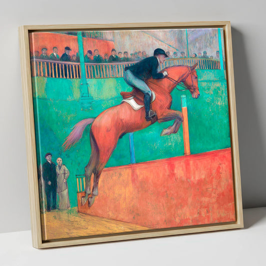 Emerald Arena Flight show jumping horse canvas wall art in natural frame