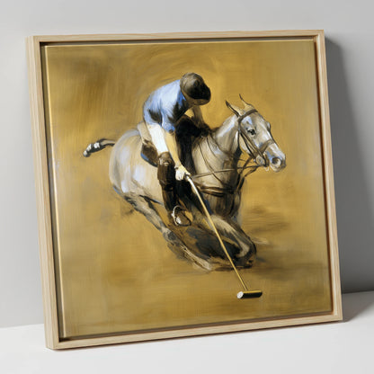 The Decisive Swing polo horse canvas wall art in natural frame