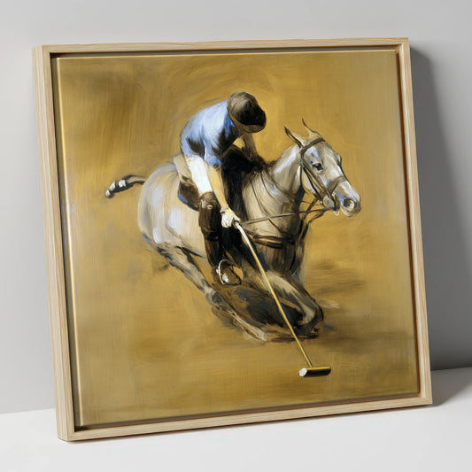 The Decisive Swing polo horse canvas wall art in natural frame