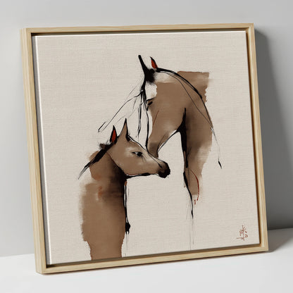 Silent Devotion mare & foal canvas wall art in natural frame