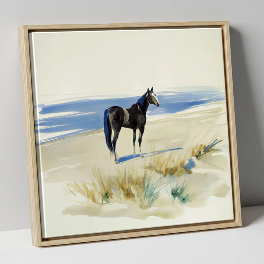 Coastal Silhouette horse landscape canvas wall art in natural frame