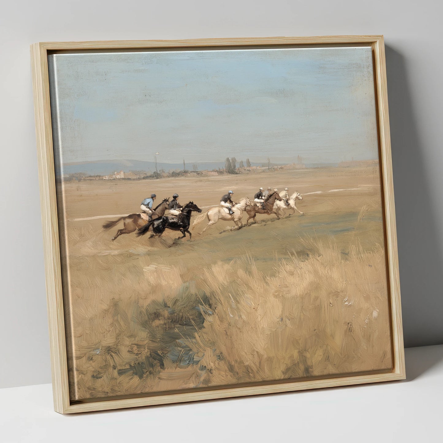 The Morning Gallop racing horse canvas wall art in natural frame