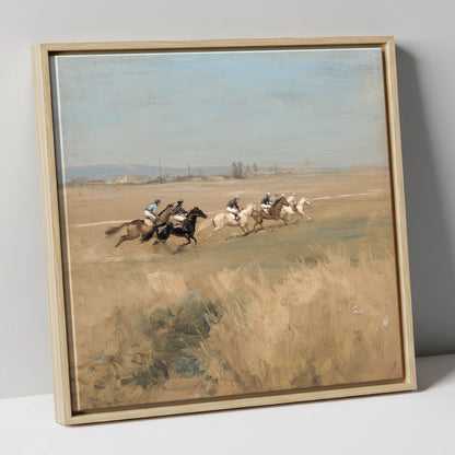 The Morning Gallop racing horse canvas wall art in natural frame