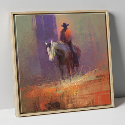 The Solitary Rider western horse canvas wall art in natural frame