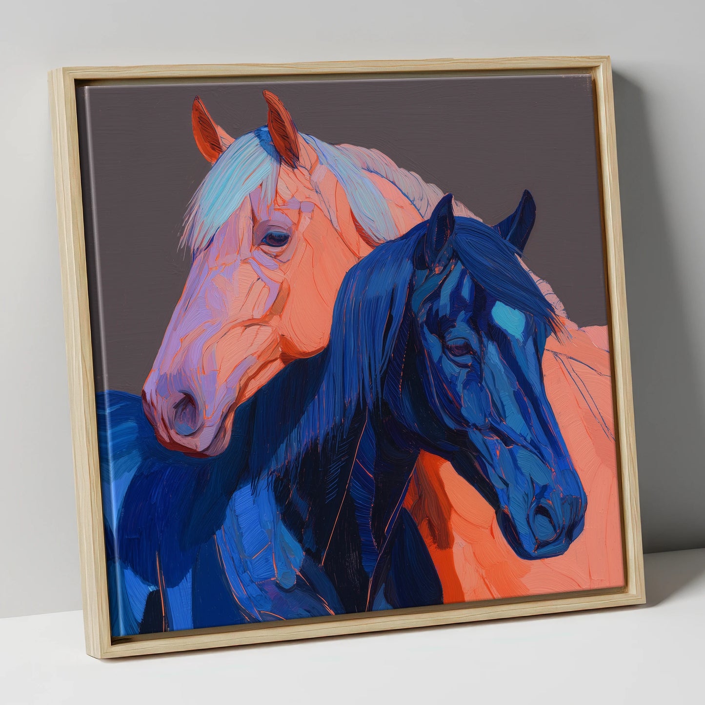 Indigo And Peach Companions horse landscape canvas wall art in natural frame