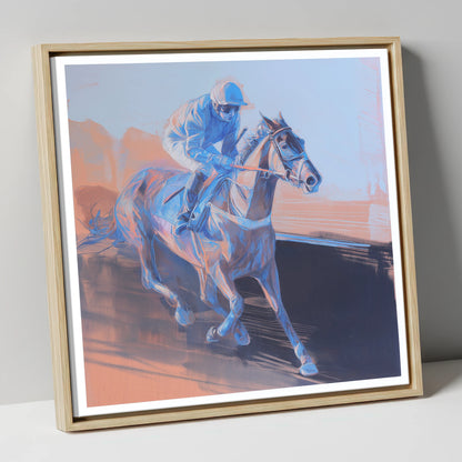 Indigo Stride racing horse canvas wall art in natural frame