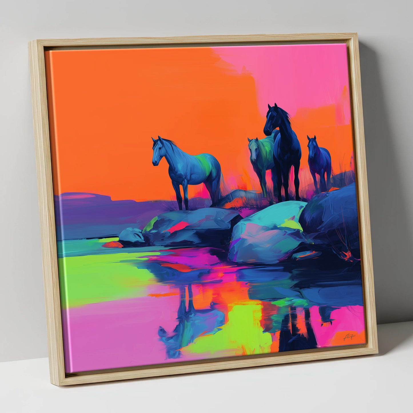 Neon Horizon Horses wild horses canvas wall art in natural frame