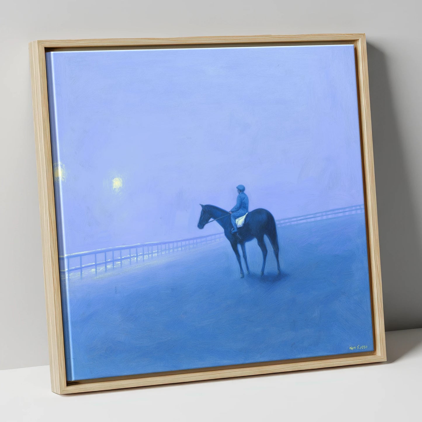 Dawn on the Gallops racing horse canvas wall art in natural frame