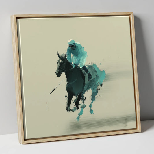Teal Velocity racing horse canvas wall art in natural frame