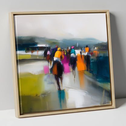 Colours on the Turf racing horse canvas wall art in natural frame