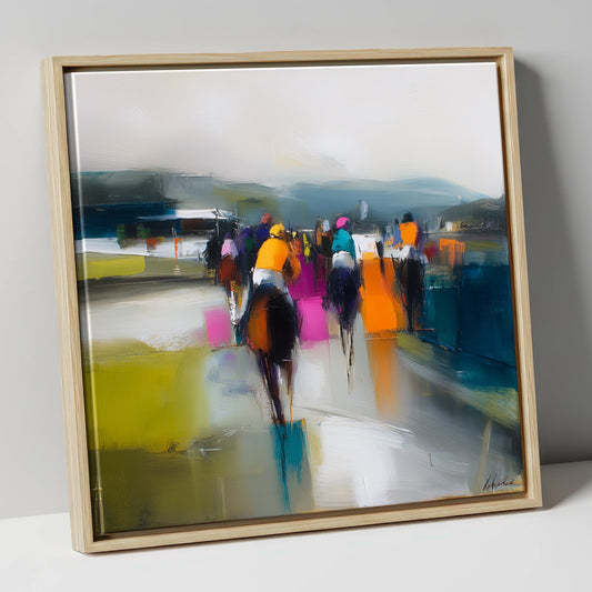 Colours on the Turf racing horse canvas wall art in natural frame