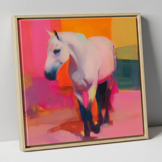 Grey Horse Against Vivid Pink horse breed canvas wall art in natural frame