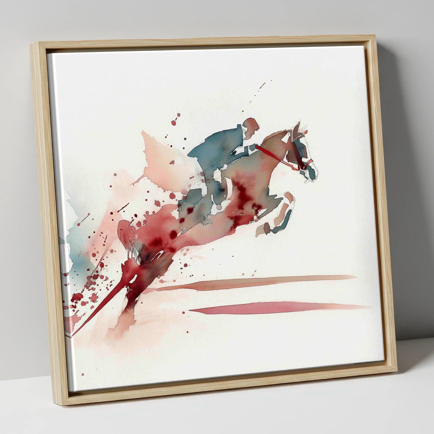 Crimson Ascent show jumping horse canvas wall art in natural frame