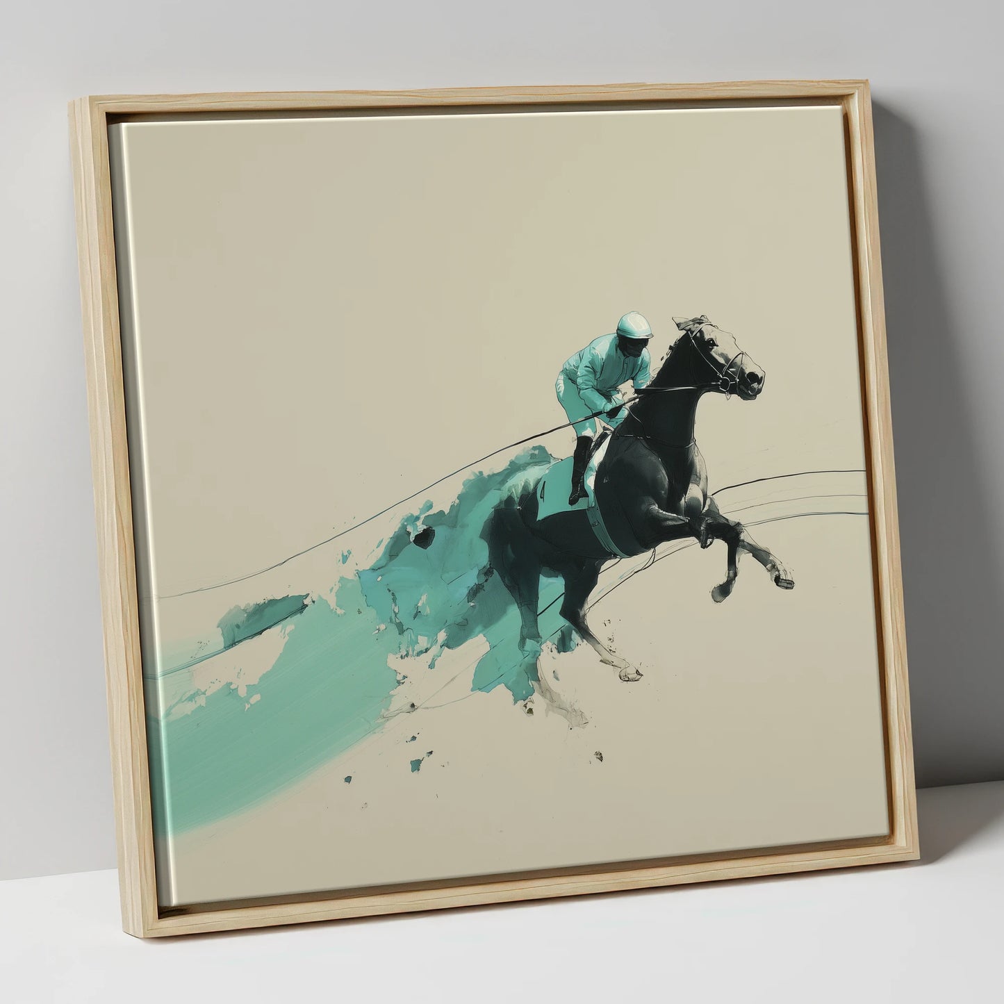 Velocity In Teal racing horse canvas wall art in natural frame