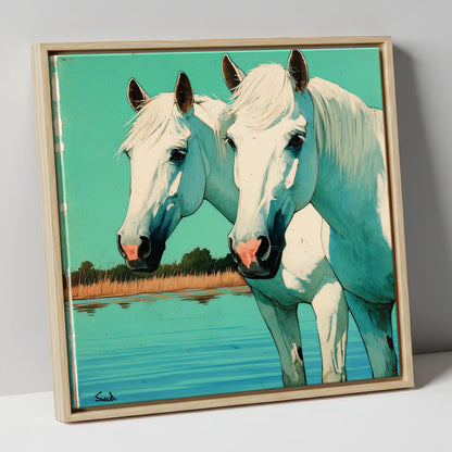 Companions in Teal Waters horse landscape canvas wall art in natural frame
