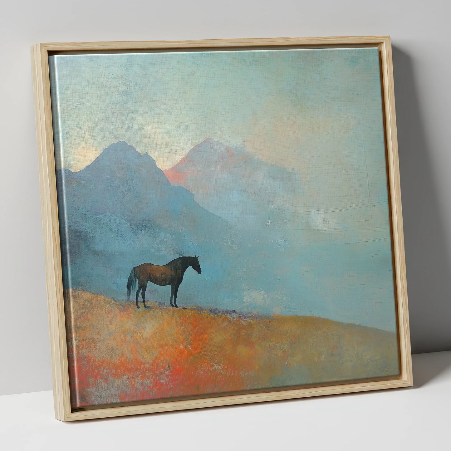 Highland Solitude horse landscape canvas wall art in natural frame