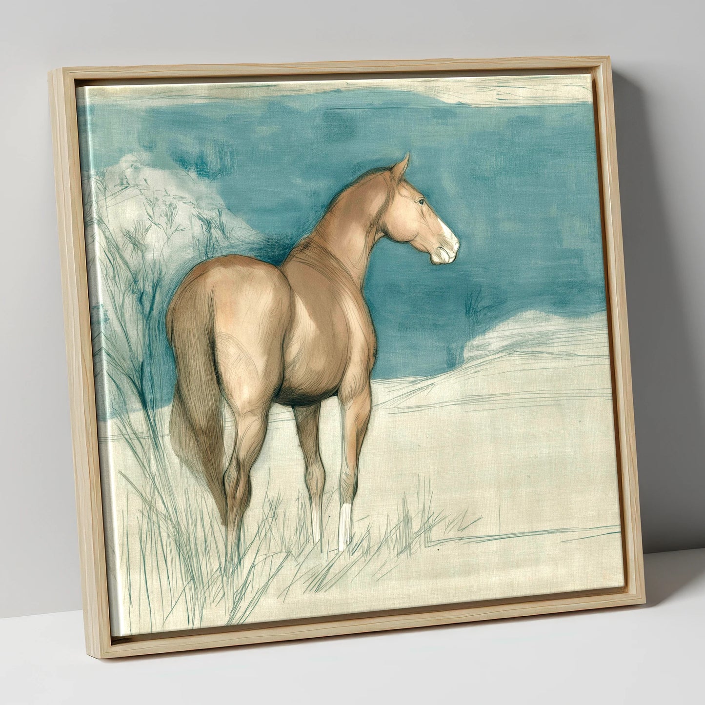 The Quiet Glance horse portrait canvas wall art in natural frame