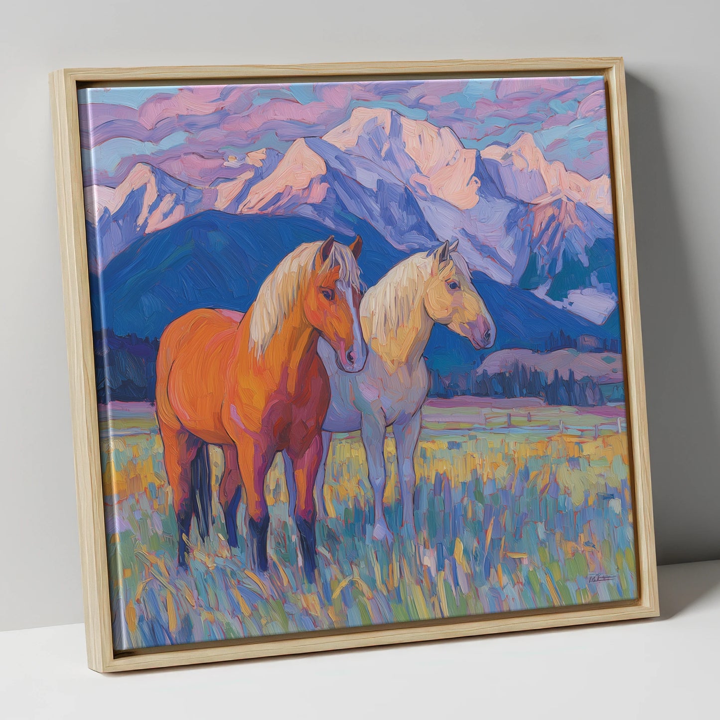Painted Mountain Pasture horse landscape canvas wall art in natural frame