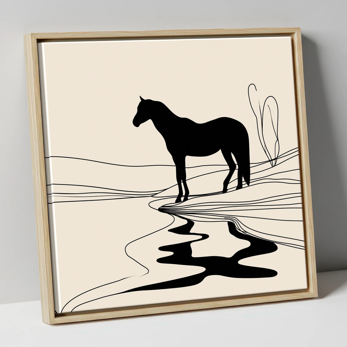 The Silent Oasis horse landscape canvas wall art in natural frame