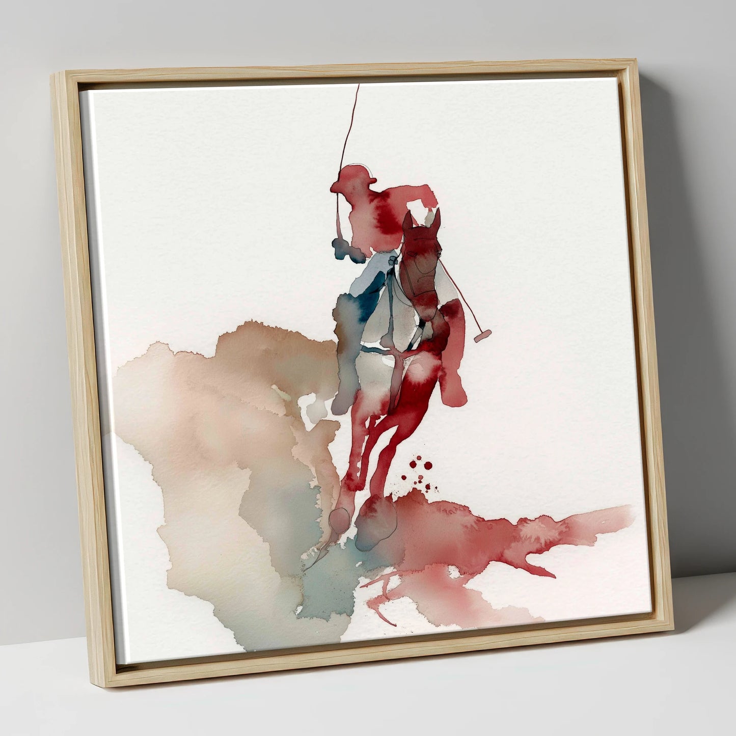 Crimson Chukka Strike polo horse canvas wall art in natural frame