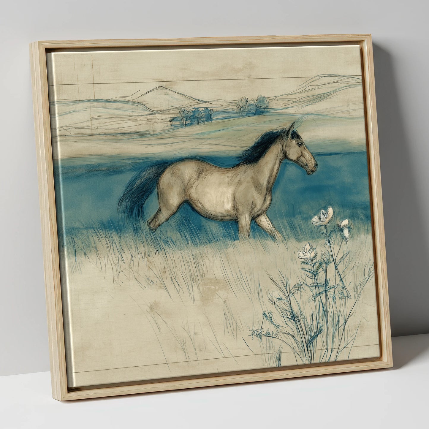 Teal Horizon Canter horse landscape canvas wall art in natural frame