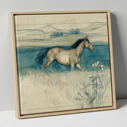 Teal Horizon Canter horse landscape canvas wall art in natural frame