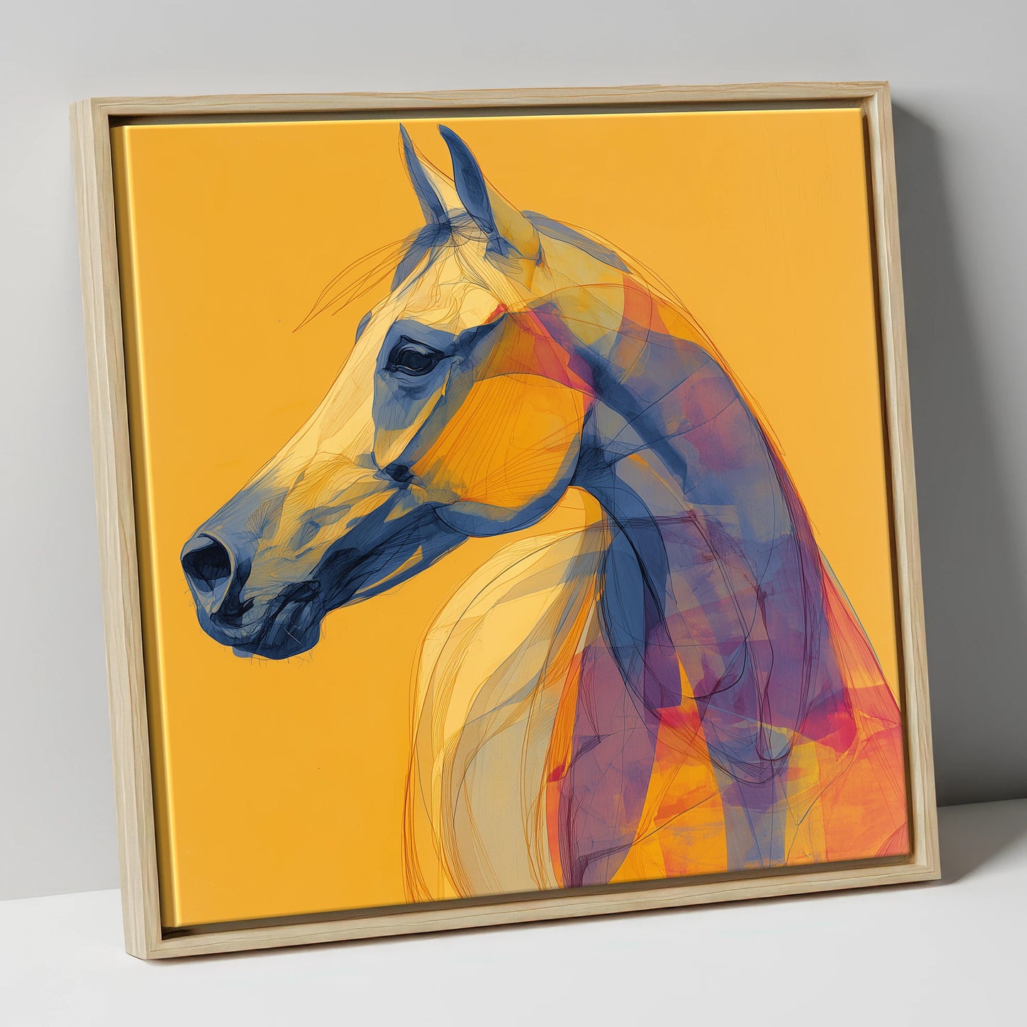 Cobalt and Gold Arabian horse breed canvas wall art in natural frame