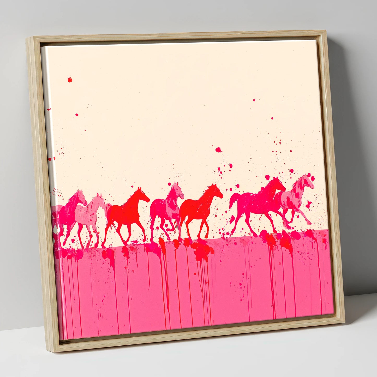 Magenta Motion wild horses canvas wall art in natural frame
