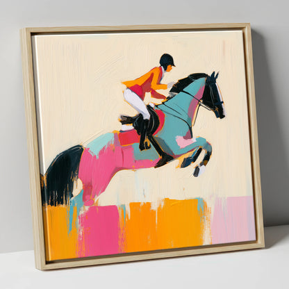 Technicolour Flight show jumping horse canvas wall art in natural frame