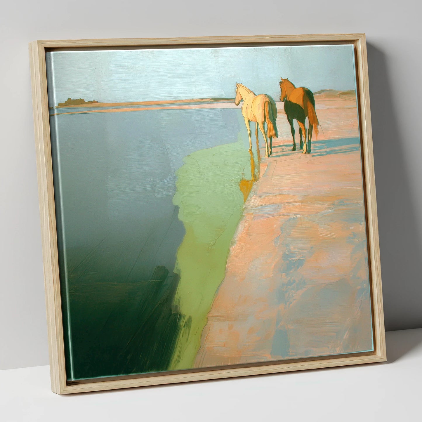 Shoreline Companions horse landscape canvas wall art in natural frame