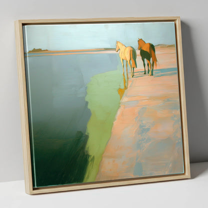 Shoreline Companions horse landscape canvas wall art in natural frame