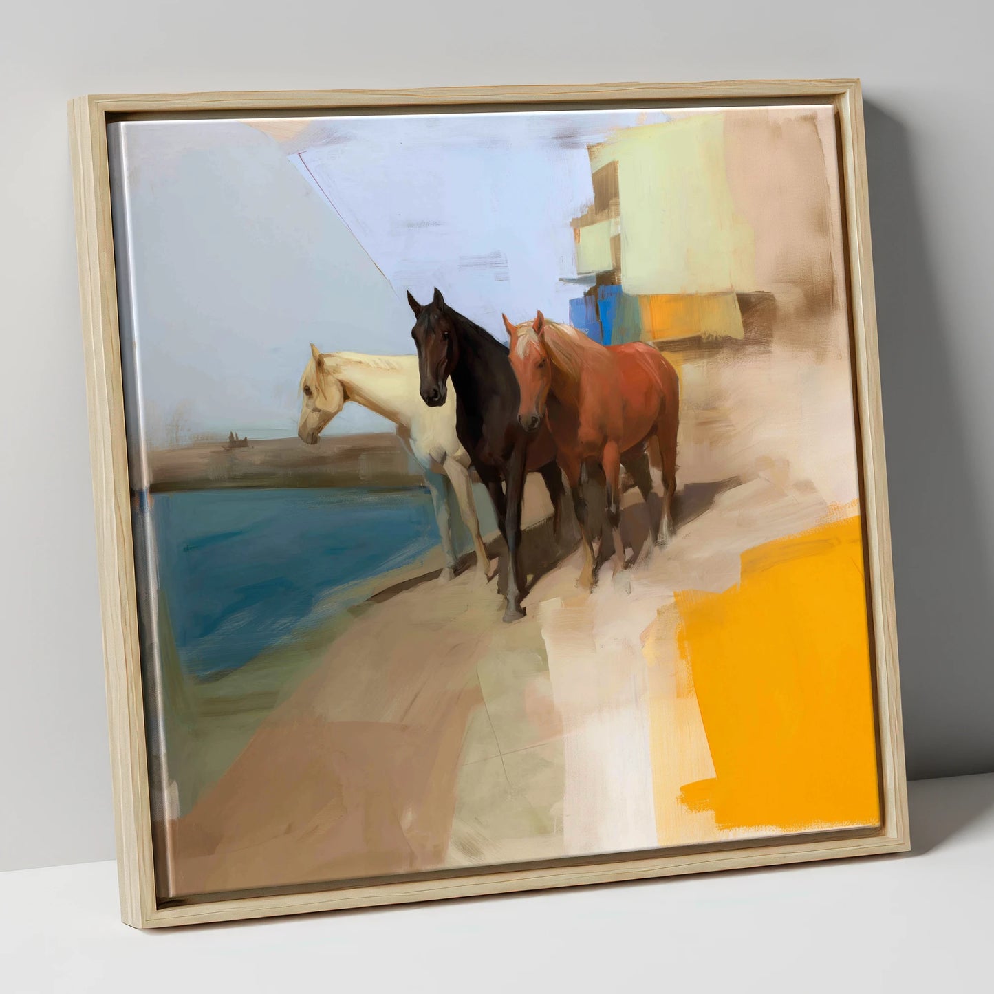 The Waterfront Trio horse landscape canvas wall art in natural frame
