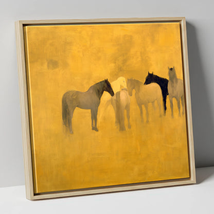 Sunlit Gathering wild horses canvas wall art in natural frame