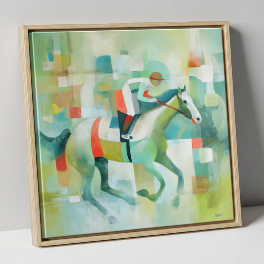 Geometric Gallop racing horse canvas wall art in natural frame
