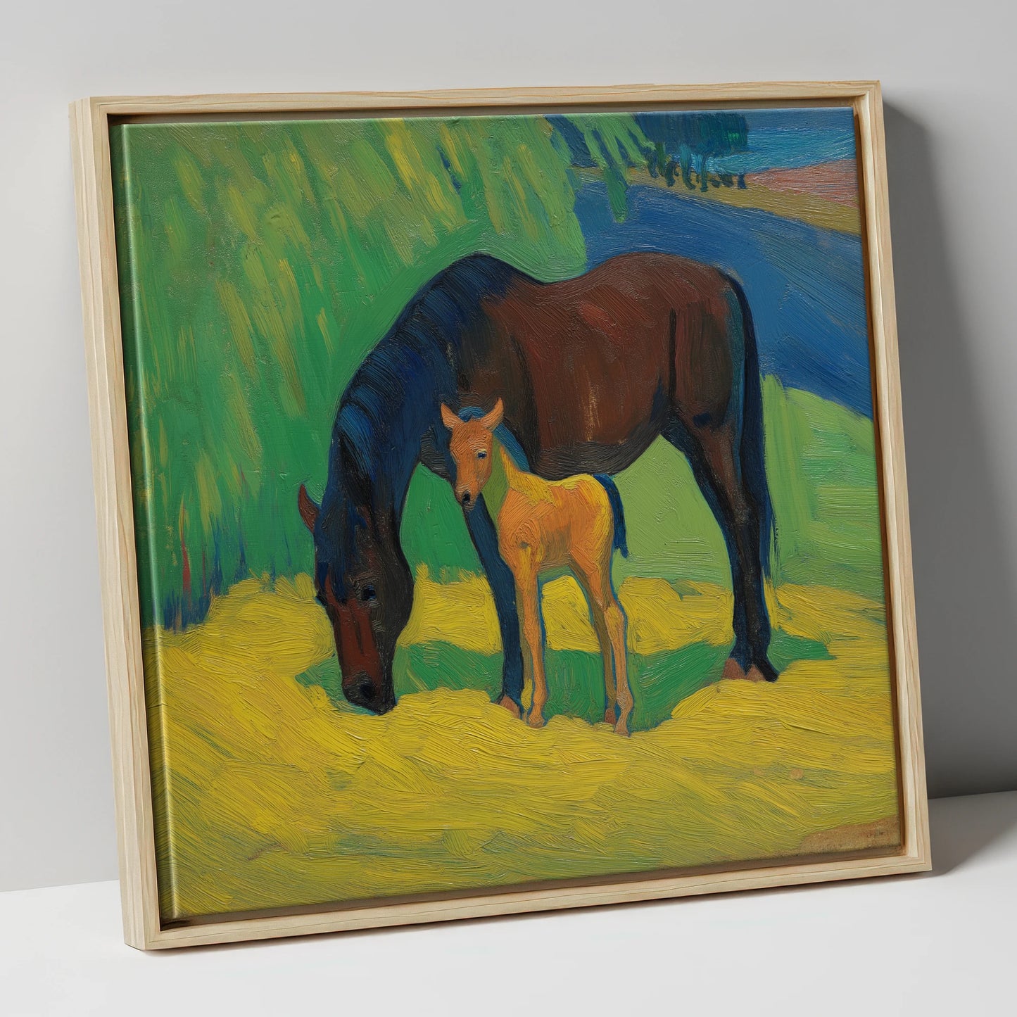 Vivid Grazing Companions mare & foal canvas wall art in natural frame