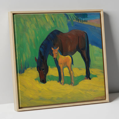 Vivid Grazing Companions mare & foal canvas wall art in natural frame