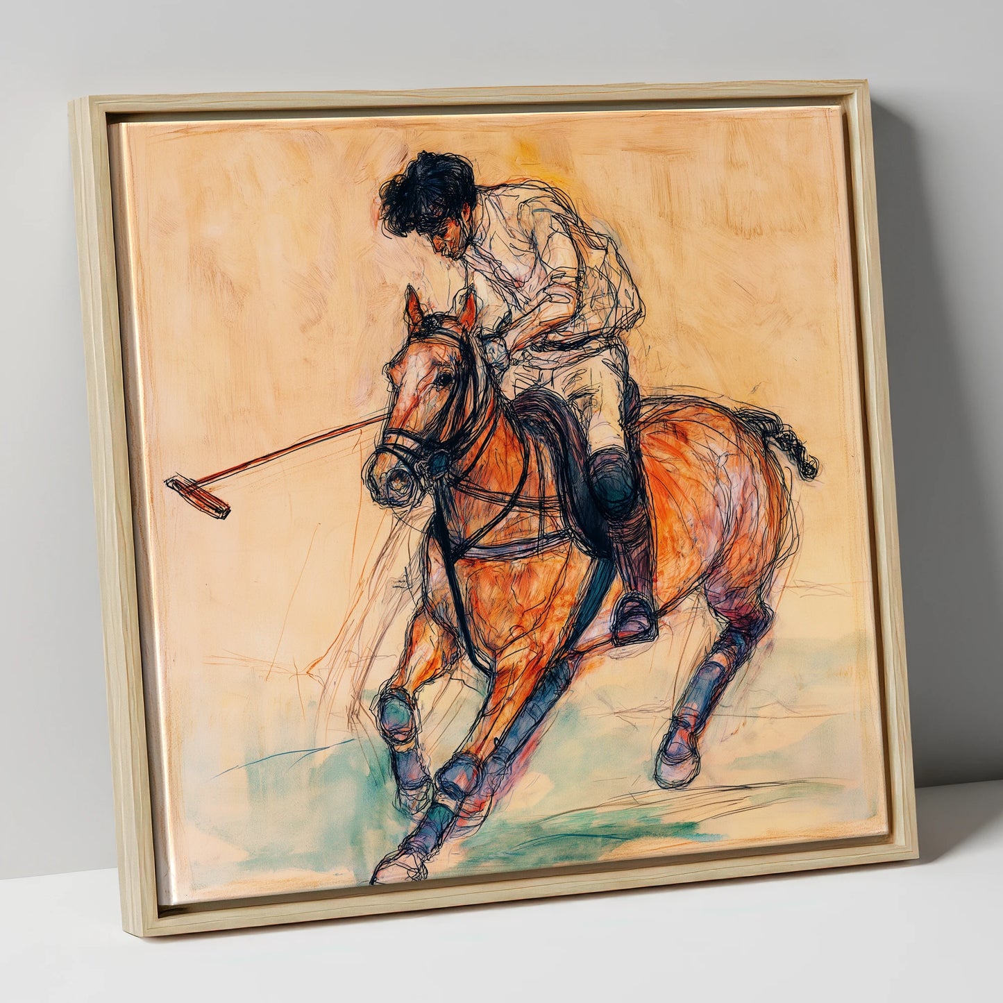 Heat of the Chukka polo horse canvas wall art in natural frame