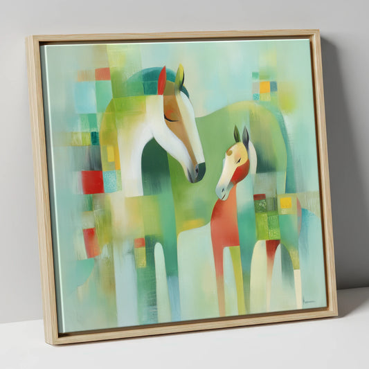 Contemporary Equine Harmony mare & foal canvas wall art in natural frame