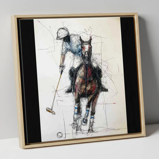 Full Gallop Focus polo horse canvas wall art in natural frame