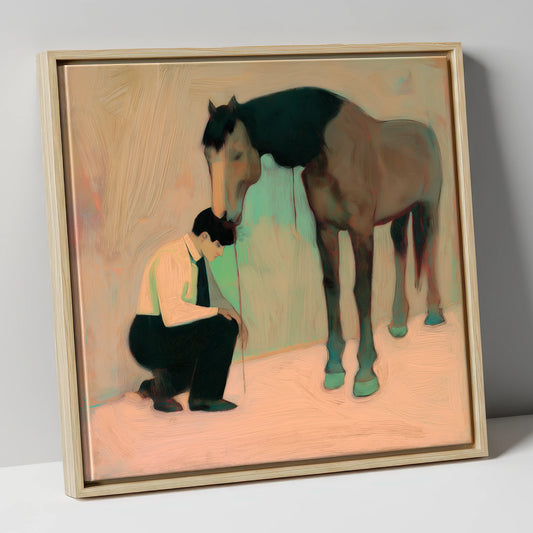 A Silent Understanding horse & rider canvas wall art in natural frame