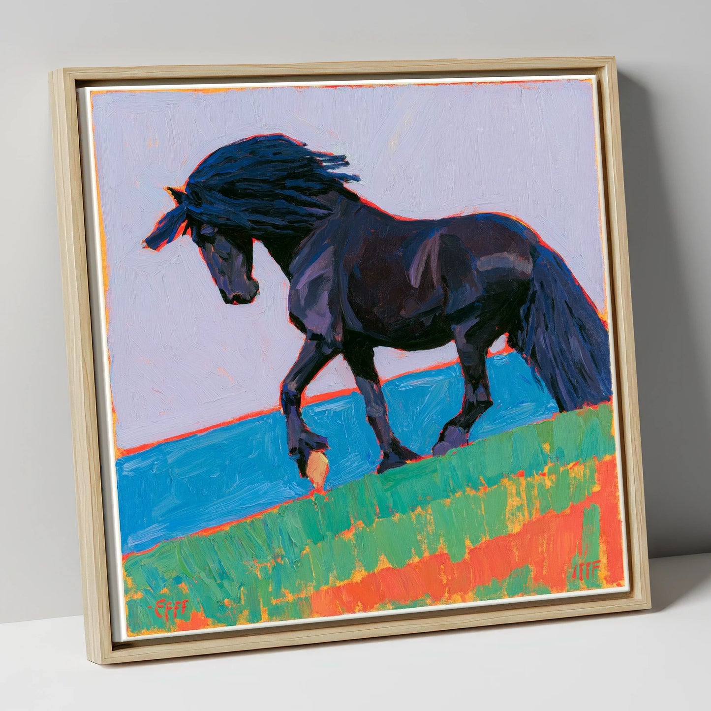 Black Friesian in Bold Landscape horse breed canvas wall art in natural frame