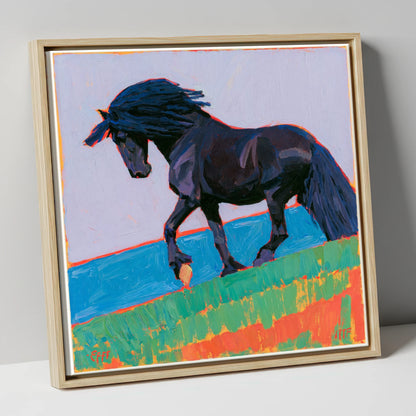 Black Friesian in Bold Landscape horse breed canvas wall art in natural frame