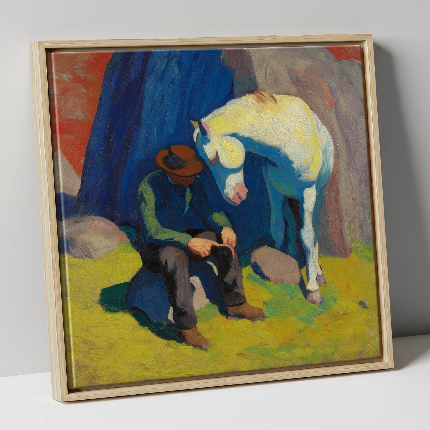 Vivid Companionship horse & rider canvas wall art in natural frame